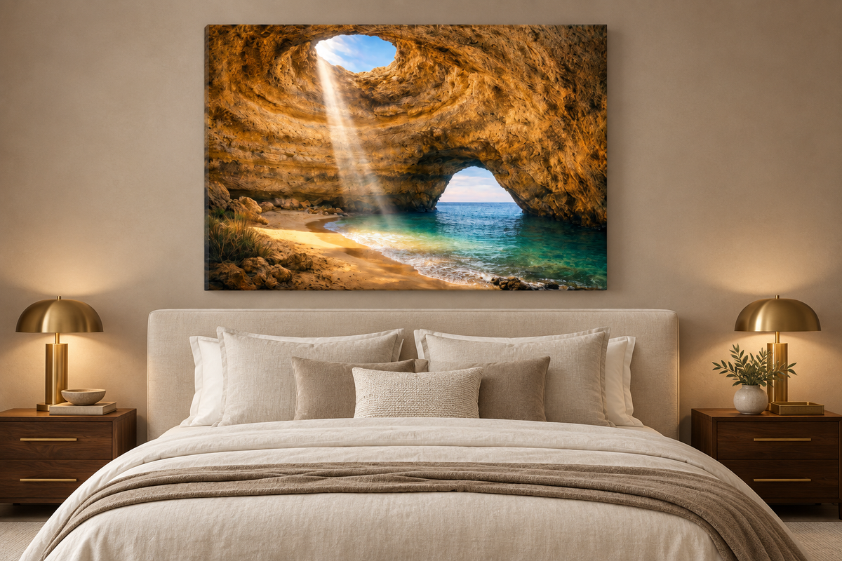 Benagil sea cave landscape canvas displayed in a taupe bedroom - Portugal Canvas Co