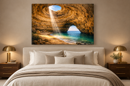 Benagil sea cave landscape canvas displayed in a taupe bedroom - Portugal Canvas Co
