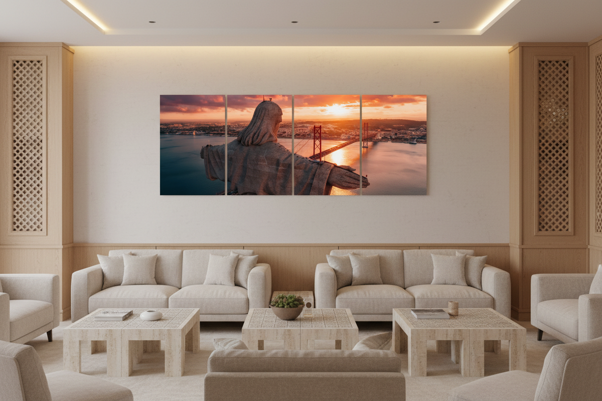 Four-panel Cristo Rei Lisbon canvas wall art in a bright windowless hotel lounge - Portugal Canvas Co