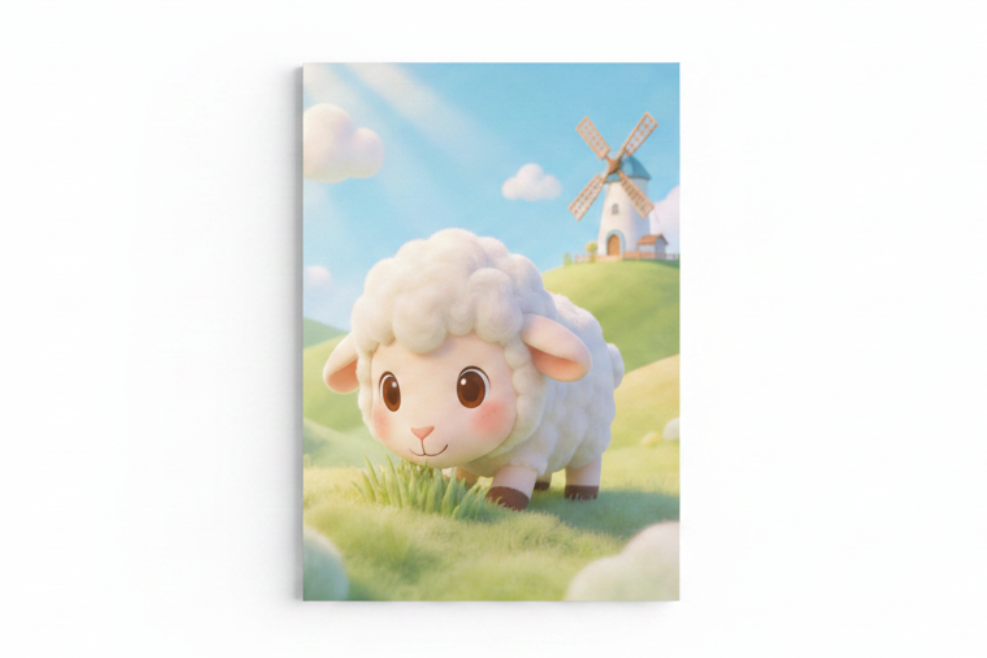 Cute lamb canvas print flat lay on white background, top-down overhead view, no frame - Portugal Canvas Co