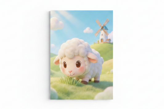 Cute lamb canvas print flat lay on white background, top-down overhead view, no frame - Portugal Canvas Co