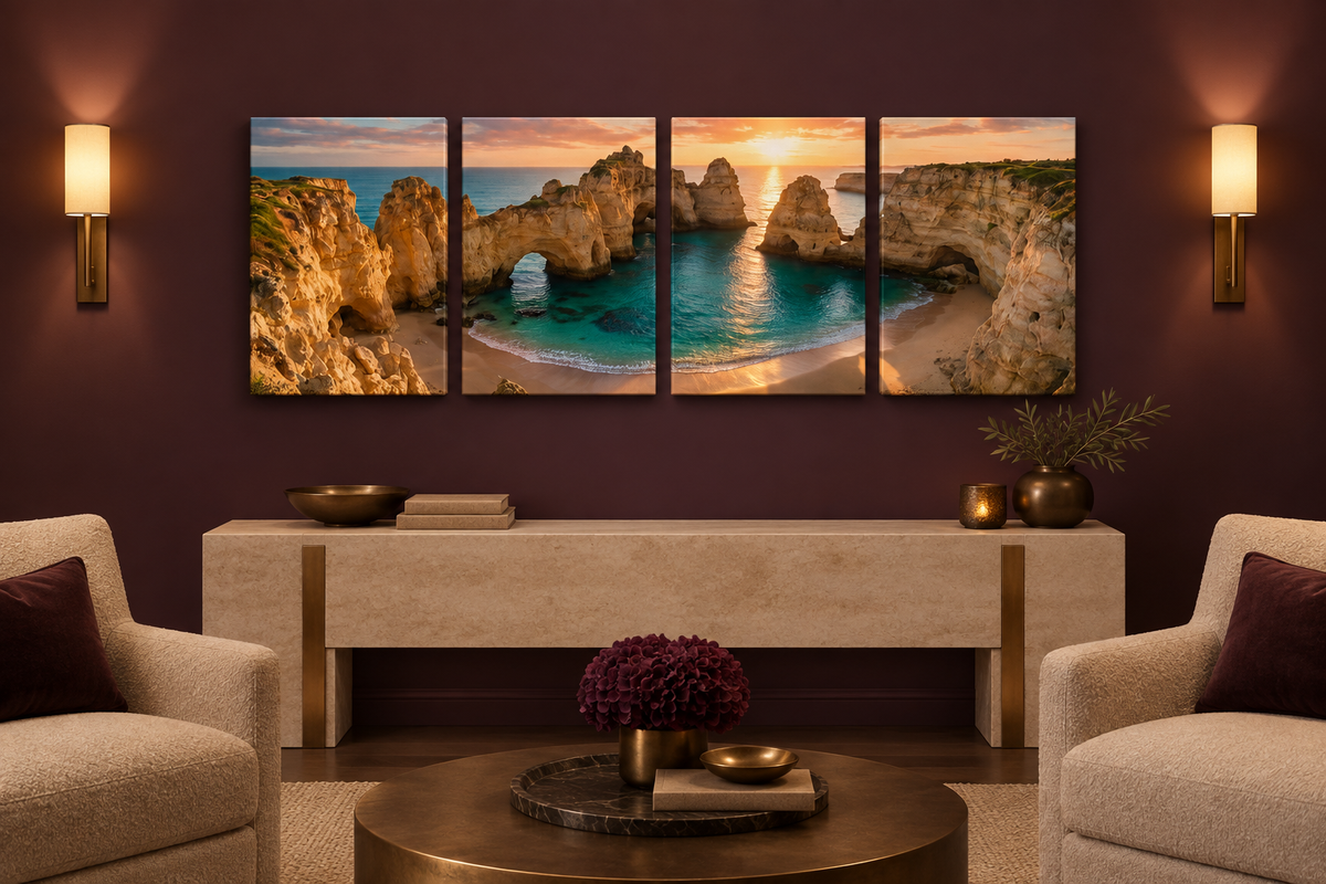 Four-panel Ponta da Piedade Algarve sunset canvas on an aubergine wall in a boutique-hotel lounge with bronze accents - Portugal Canvas Co