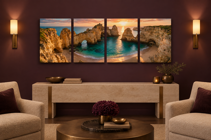 Four-panel Ponta da Piedade Algarve sunset canvas on an aubergine wall in a boutique-hotel lounge with bronze accents - Portugal Canvas Co