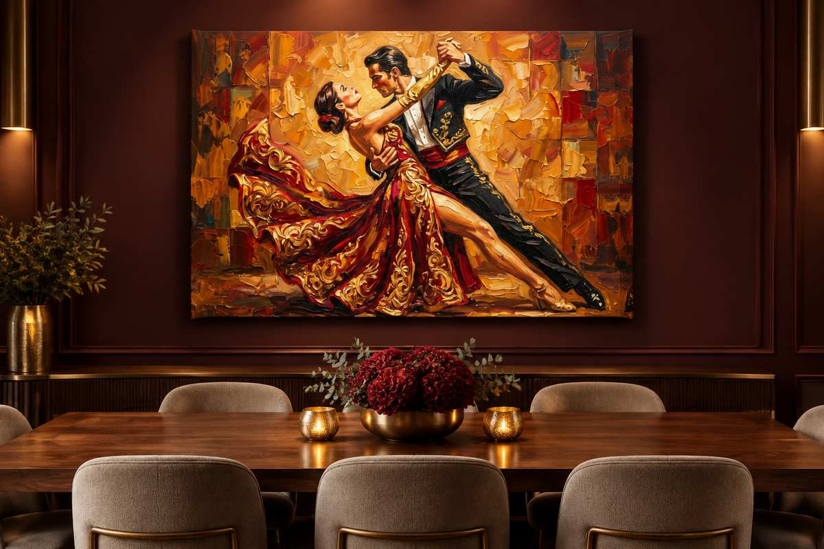 Ornate red and gold tango couple canvas displayed in a refined dining room - Portugal Canvas Co