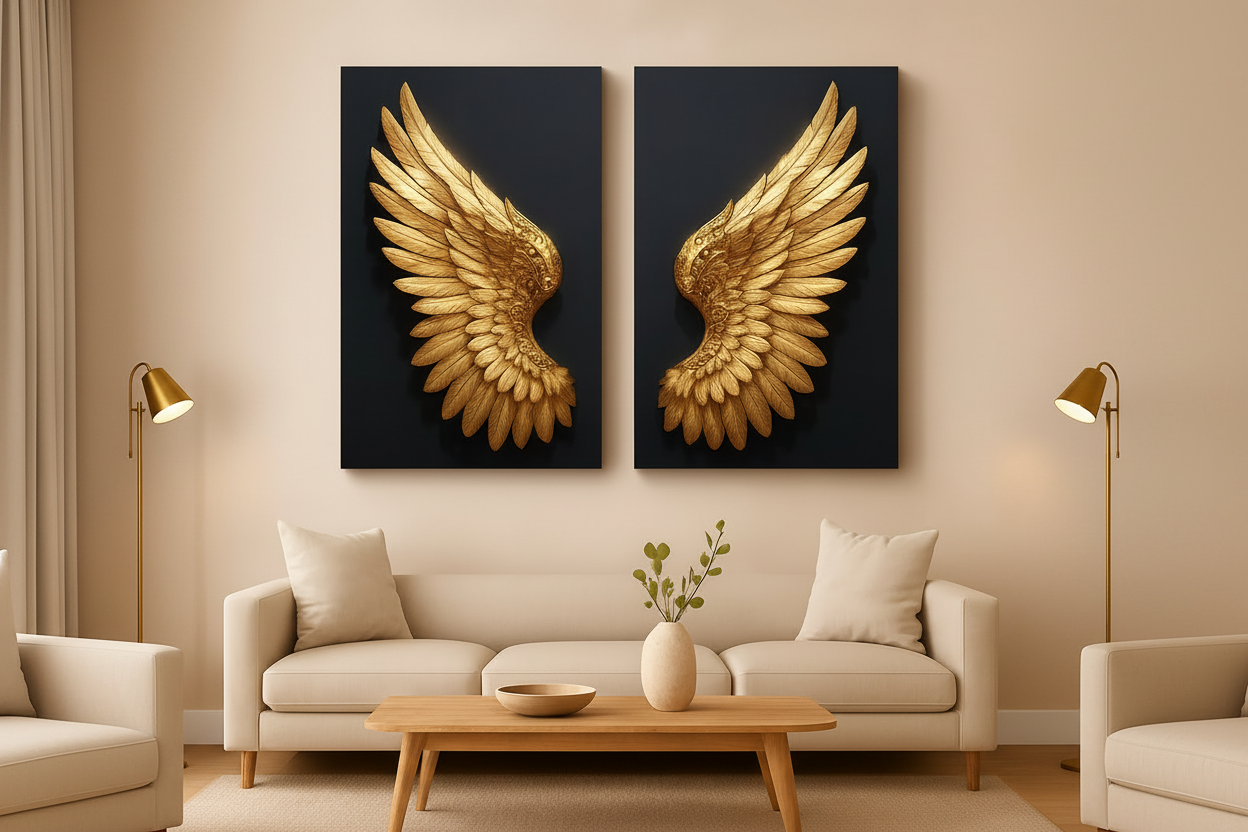 Golden angel wings diptych canvas wall art displayed on the wall of a sophisticated luxury living room with warm neutral walls and gold accent lighting - Portugal Canvas Co