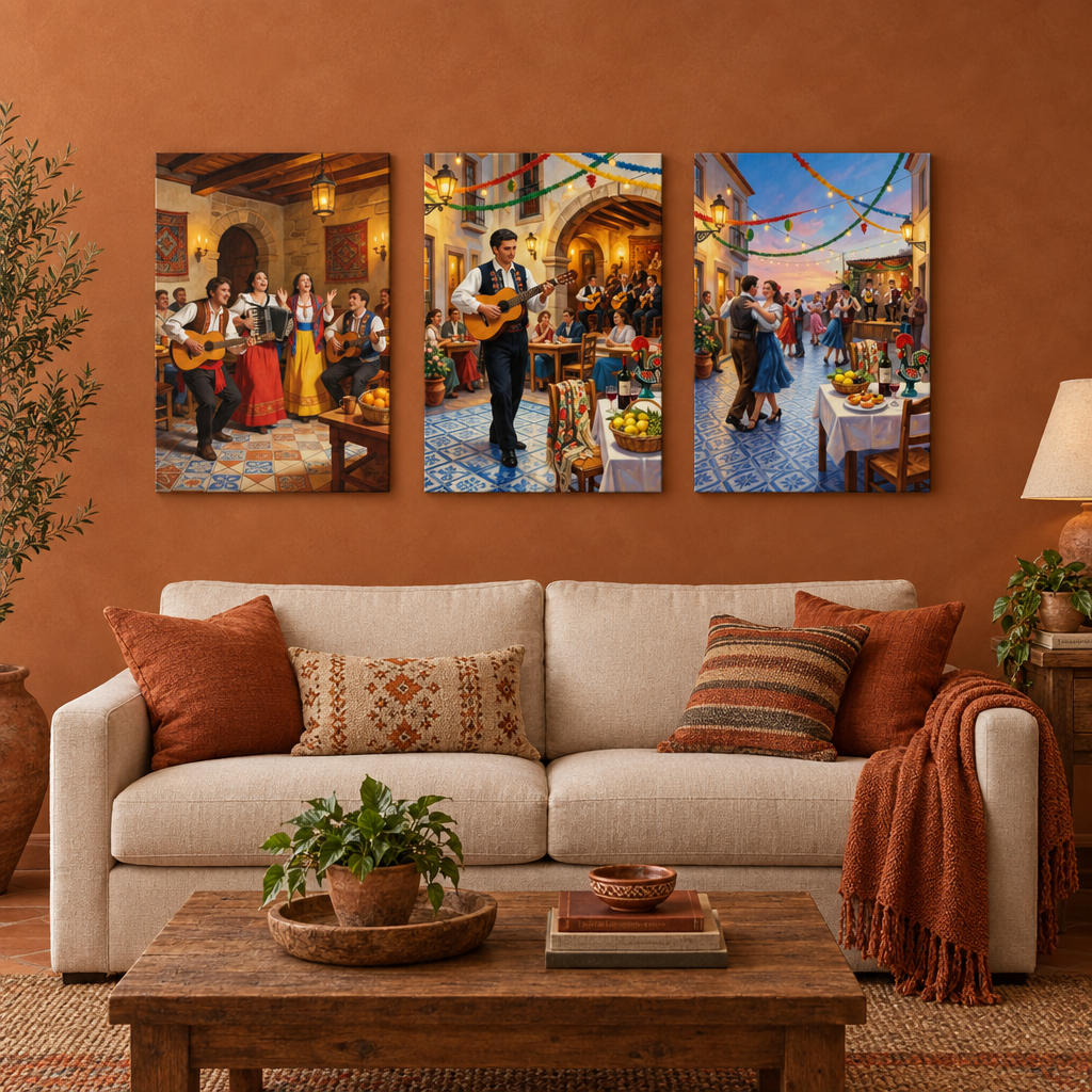 Three-panel Portuguese Festa music and dance canvas wall art in a terracotta living room - Portugal Canvas Co