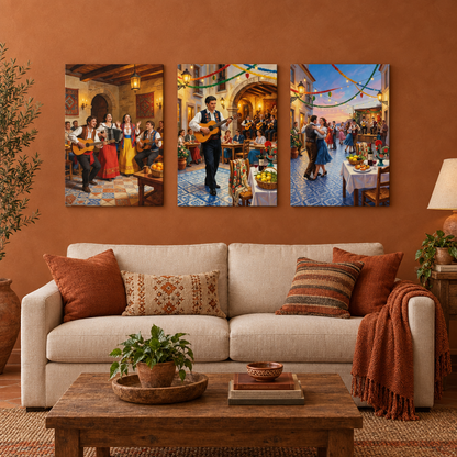 Three-panel Portuguese Festa music and dance canvas wall art in a terracotta living room - Portugal Canvas Co
