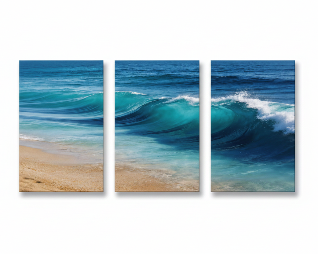 Portuguese ocean breaking wave turquoise blue sea 3-panel triptych canvas set on white background - Portugal Canvas Co