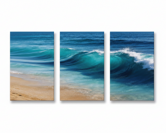 Portuguese ocean breaking wave turquoise blue sea 3-panel triptych canvas set on white background - Portugal Canvas Co