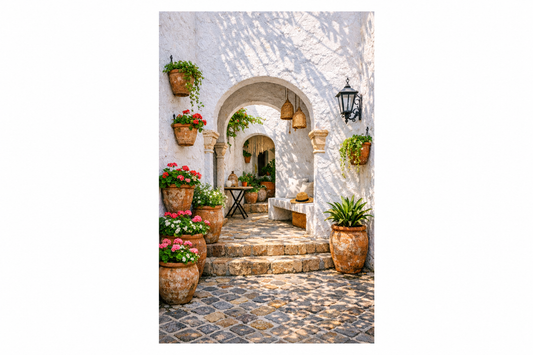 Mediterranean courtyard archway portrait artwork with white walls and terracotta flower pots on a white background - Portugal Canvas Co