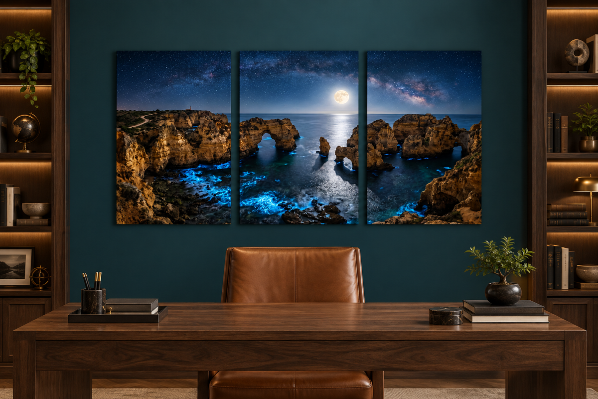 Moonlit Algarve coast three-panel canvas above a walnut desk in a teal home study - Portugal Canvas Co