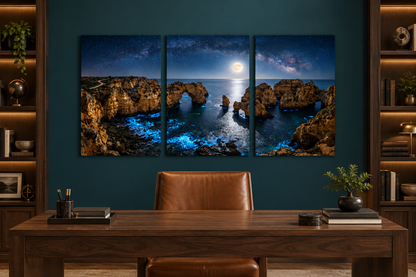 Moonlit Algarve coast three-panel canvas above a walnut desk in a teal home study - Portugal Canvas Co