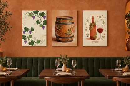 Three-piece grapevine and wine canvas set above green banquette seating in a restaurant - Portugal Canvas Co