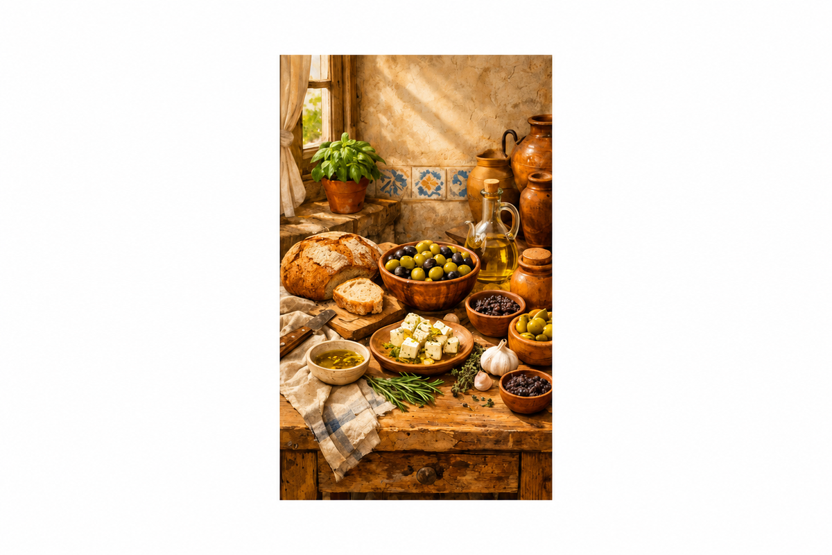 Portrait Mediterranean still-life canvas with olives, feta, bread, olive oil and herbs centred on a white background - Portugal Canvas Co