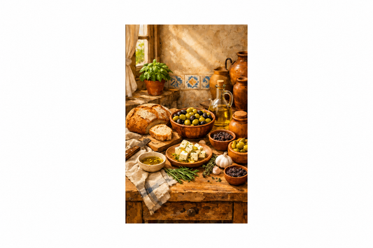 Portrait Mediterranean still-life canvas with olives, feta, bread, olive oil and herbs centred on a white background - Portugal Canvas Co