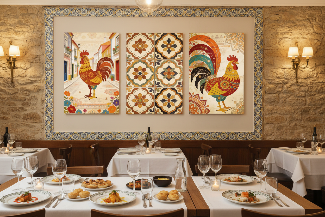 Portuguese folk art Galo de Barcelós and azulejo tile triptych canvas wall art set displayed in an upscale Portuguese restaurant - Portugal Canvas Co