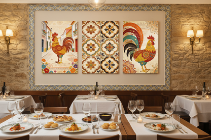Portuguese folk art Galo de Barcelós and azulejo tile triptych canvas wall art set displayed in an upscale Portuguese restaurant - Portugal Canvas Co