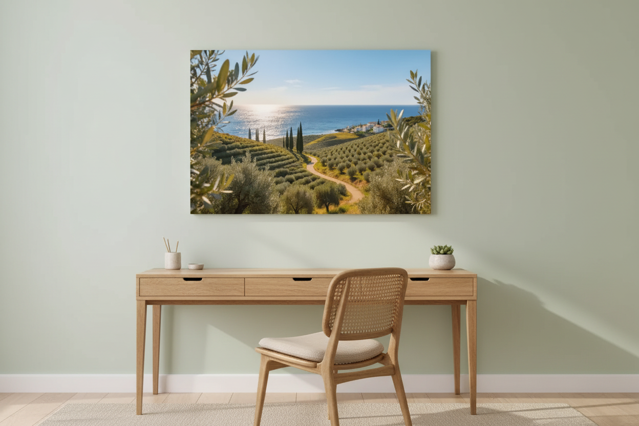Mediterranean olive grove coastal landscape canvas wall art displayed on a sage green wall above an oak desk in a bright home office - Portugal Canvas Co