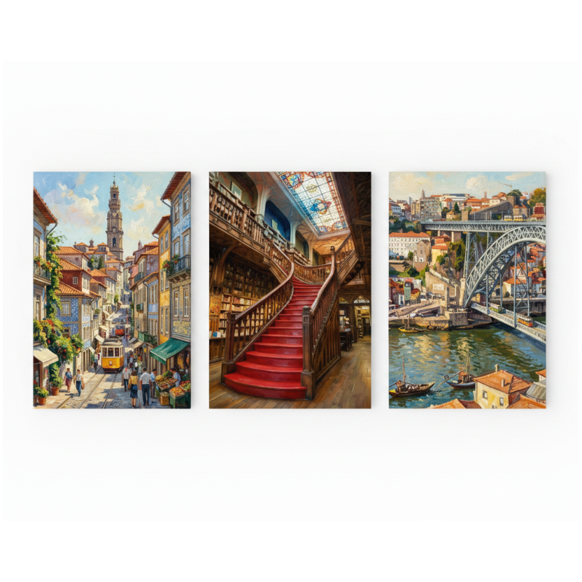 Porto Portugal triptych canvas wall art set with Dom Luís Bridge tram and Lello Bookstore flat lay on white background - Portugal Canvas Co