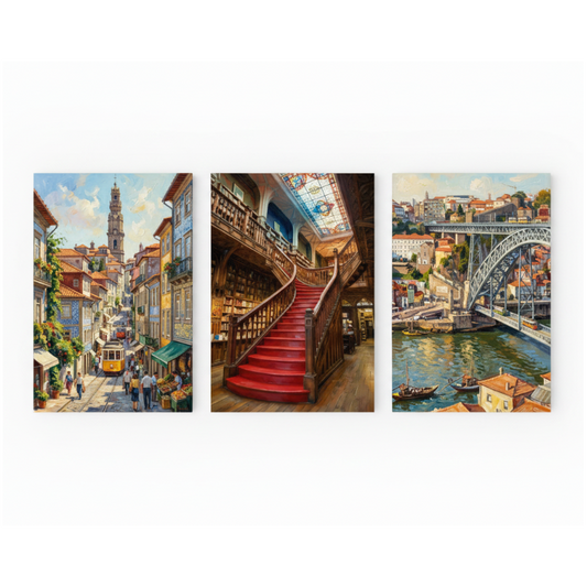 Porto Portugal triptych canvas wall art set with Dom Luís Bridge tram and Lello Bookstore flat lay on white background - Portugal Canvas Co