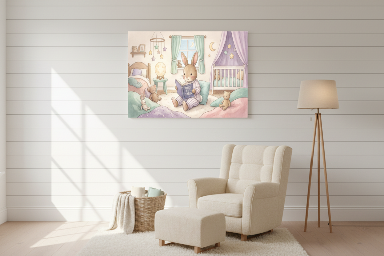Whimsical bedtime rabbit reading nursery canvas wall art on a white shiplap wall in a cozy nursery with cream glider chair and woven basket - Portugal Canvas Co