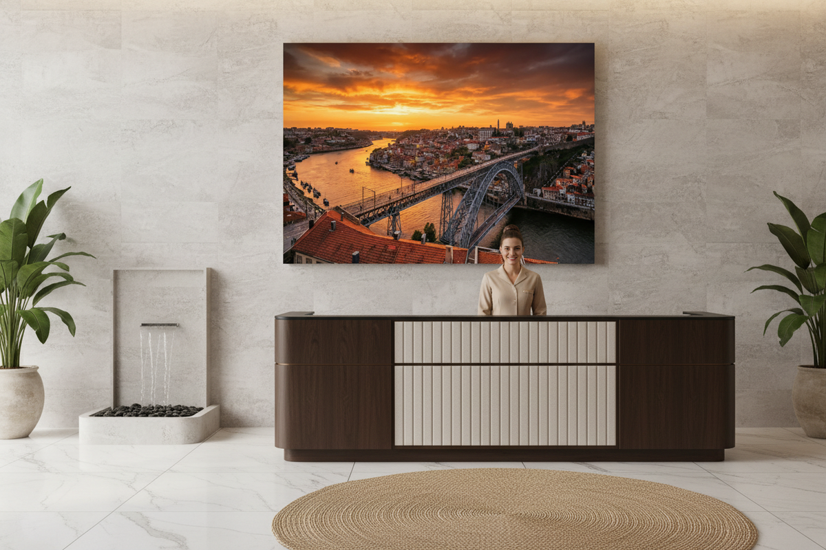Porto cityscape Dom Luis I bridge sunset canvas wall art displayed in a luxury spa reception - Portugal Canvas Co