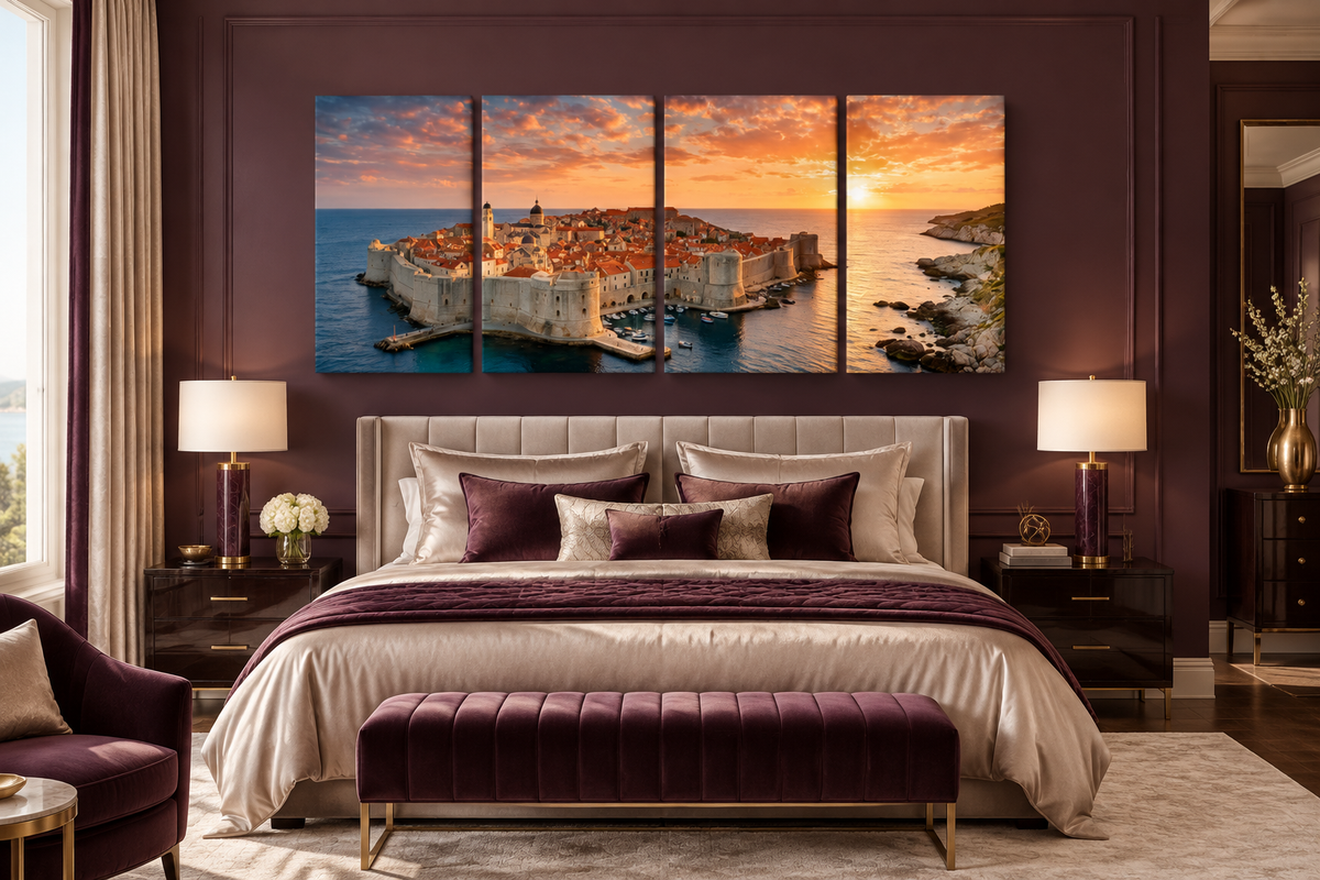 Dubrovnik Sunset four-panel canvas over a bed in a plum and champagne luxury bedroom - Portugal Canvas Co