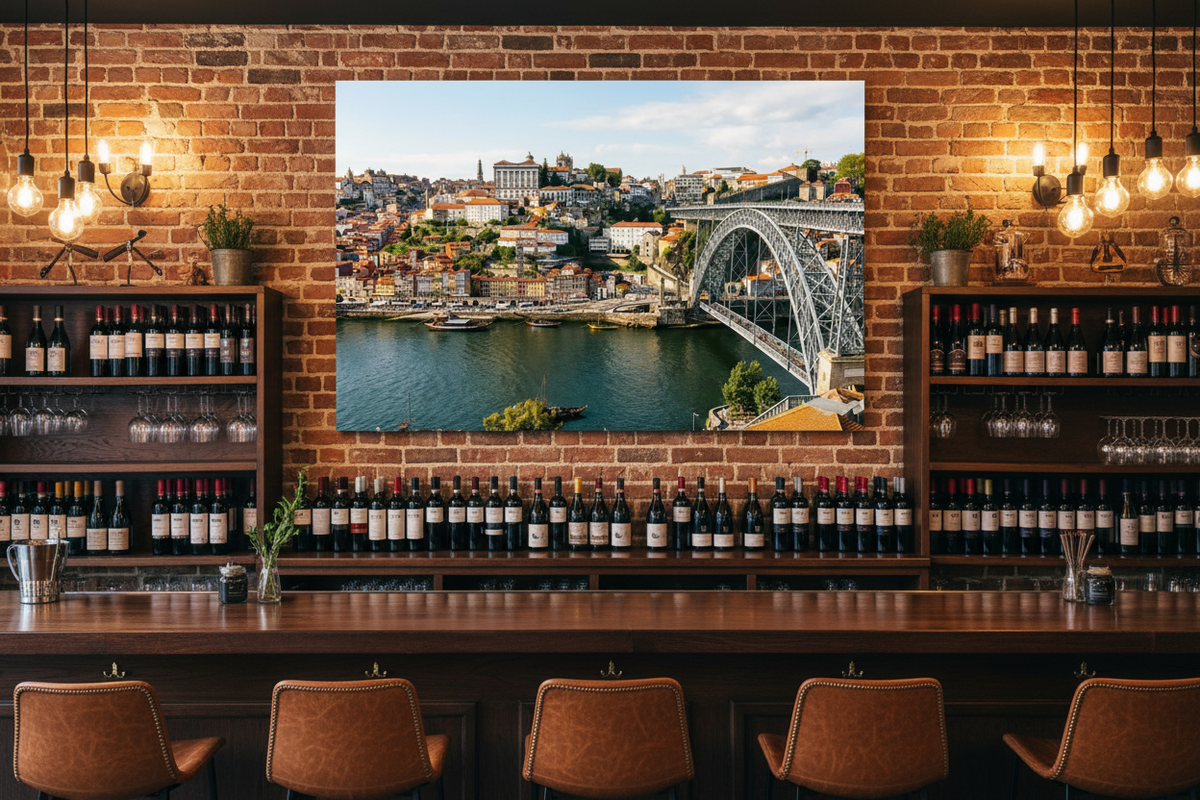 Porto Dom Luís I Bridge canvas wall art displayed on exposed brick wall in a stylish wine bar with Edison bulb lighting - Portugal Canvas Co