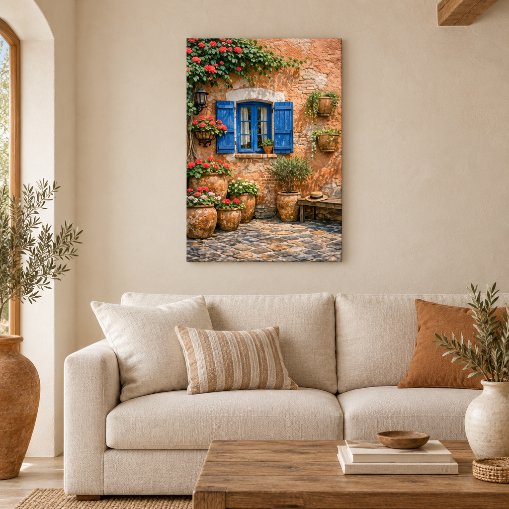 Portrait canvas of a terracotta courtyard with blue shutters and red flowers above a cream sofa in a Mediterranean living room - Portugal Canvas Co
