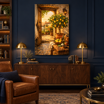 Mediterranean lemon tree canvas displayed in a navy and walnut study - Portugal Canvas Co
