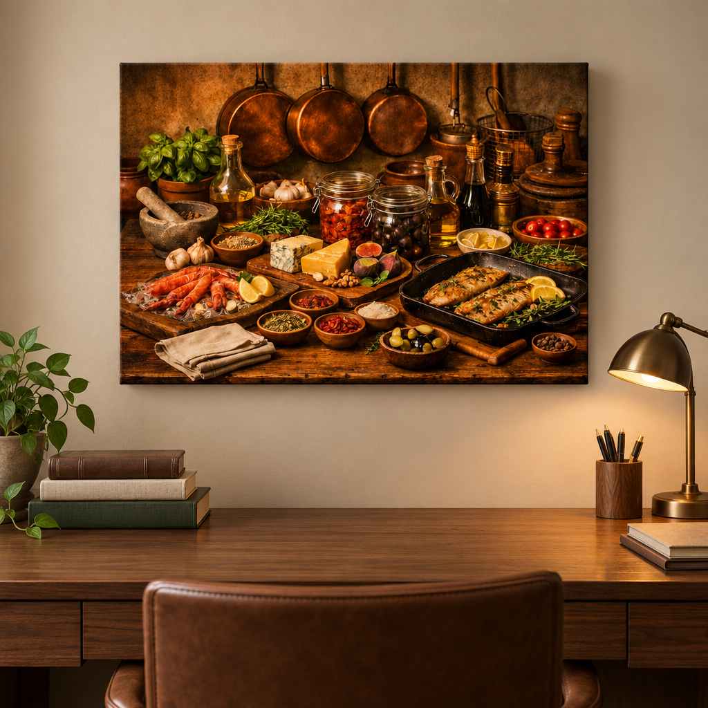 Food still-life canvas wall art displayed above a desk in a home office - Portugal Canvas Co