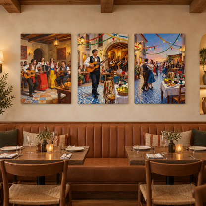 Three-panel Portuguese Festa music and dance canvas wall art in a restaurant dining room - Portugal Canvas Co