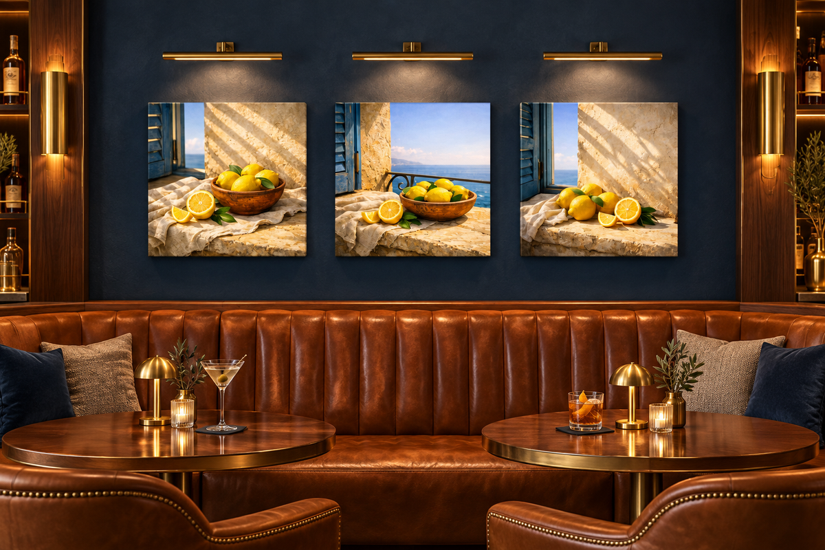 Mediterranean Lemon Window Trio canvas set displayed in a charcoal blue cocktail bar - Portugal Canvas Co