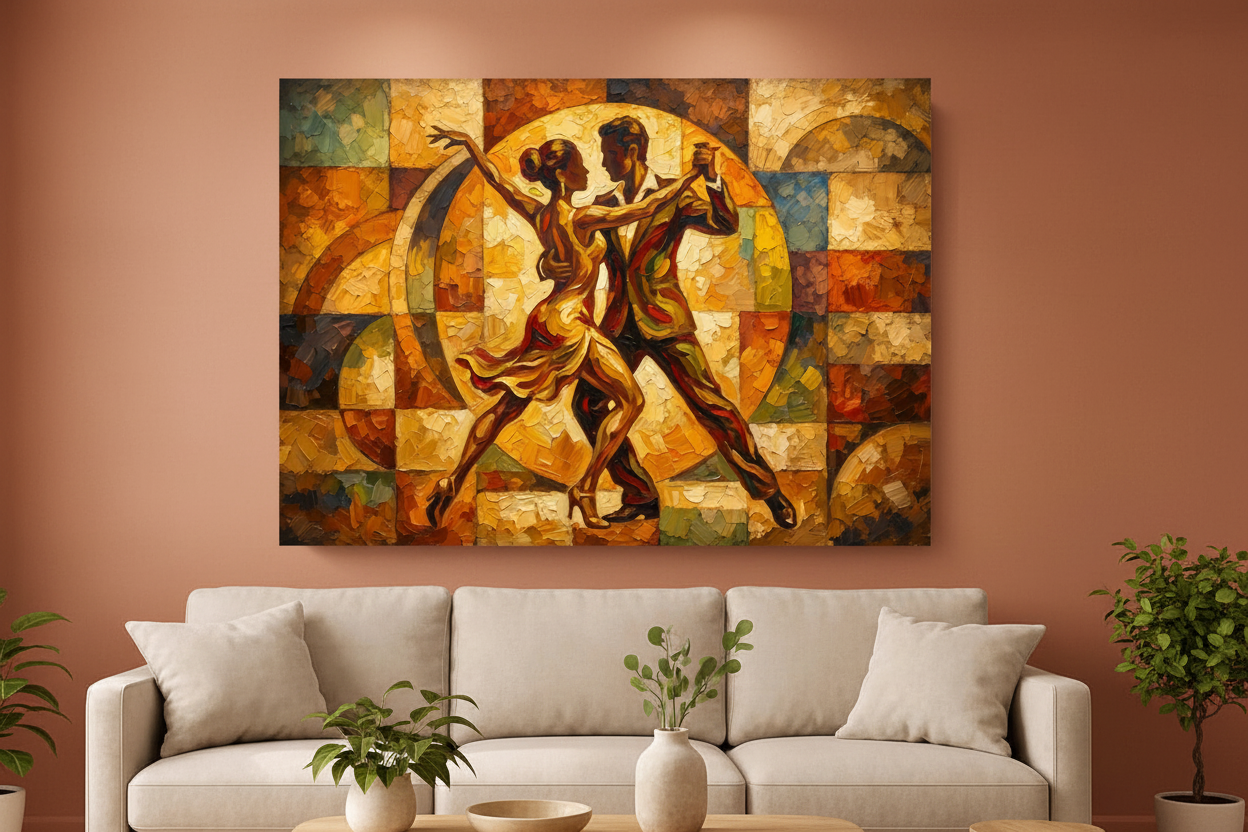 Geometric mosaic tango couples dance canvas wall art on a terracotta wall in a cosy Mediterranean living room - Portugal Canvas Co