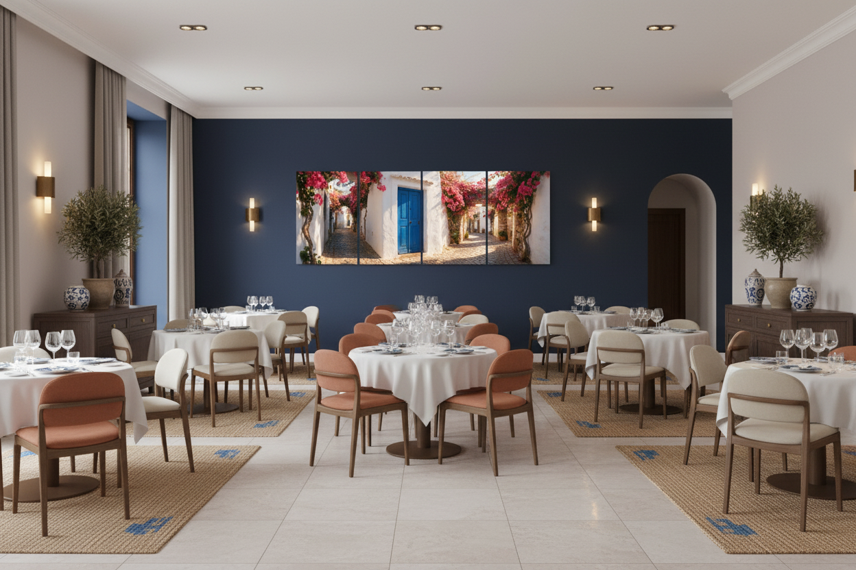 Four-panel Albufeira Old Town canvas wall art in a fine-dining Portuguese restaurant - Portugal Canvas Co