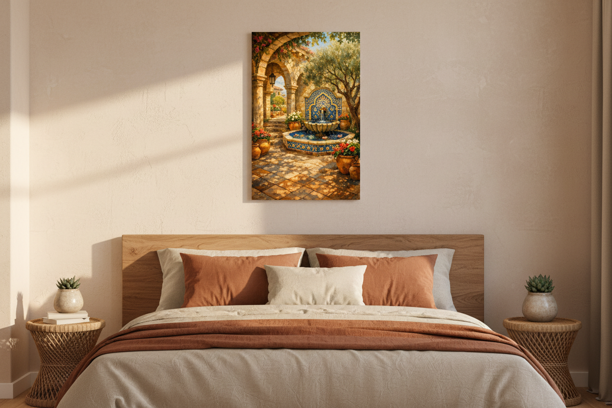 Mediterranean courtyard fountain canvas print above bed in warm earthy bedroom with sand and terracotta linen and rattan bedside table - Portugal Canvas Co