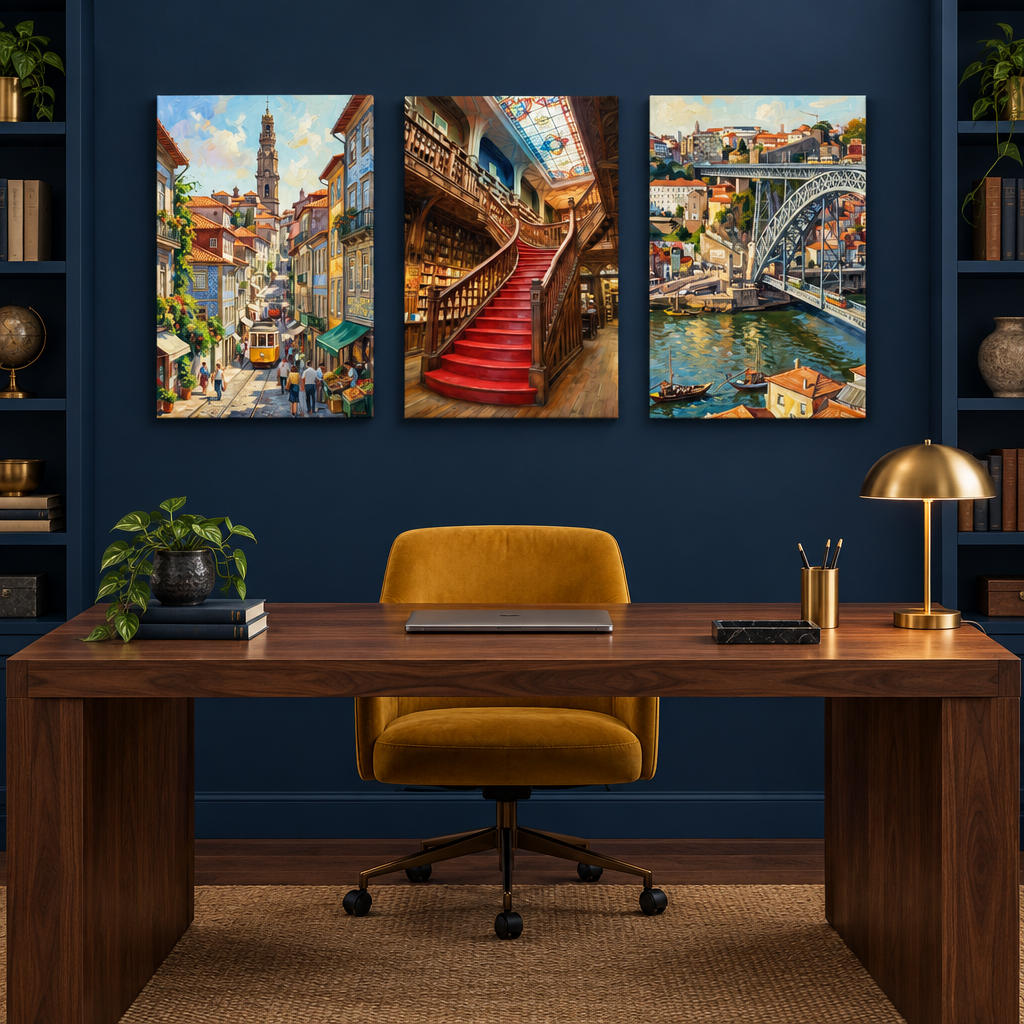 Porto three-panel canvas set showing a tram, Lello Bookstore staircase and Dom Luís Bridge in a navy blue study - Portugal Canvas Co