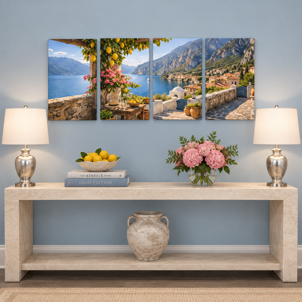 Mediterranean terrace four-panel canvas set above a stone console in a powder blue entryway - Portugal Canvas Co