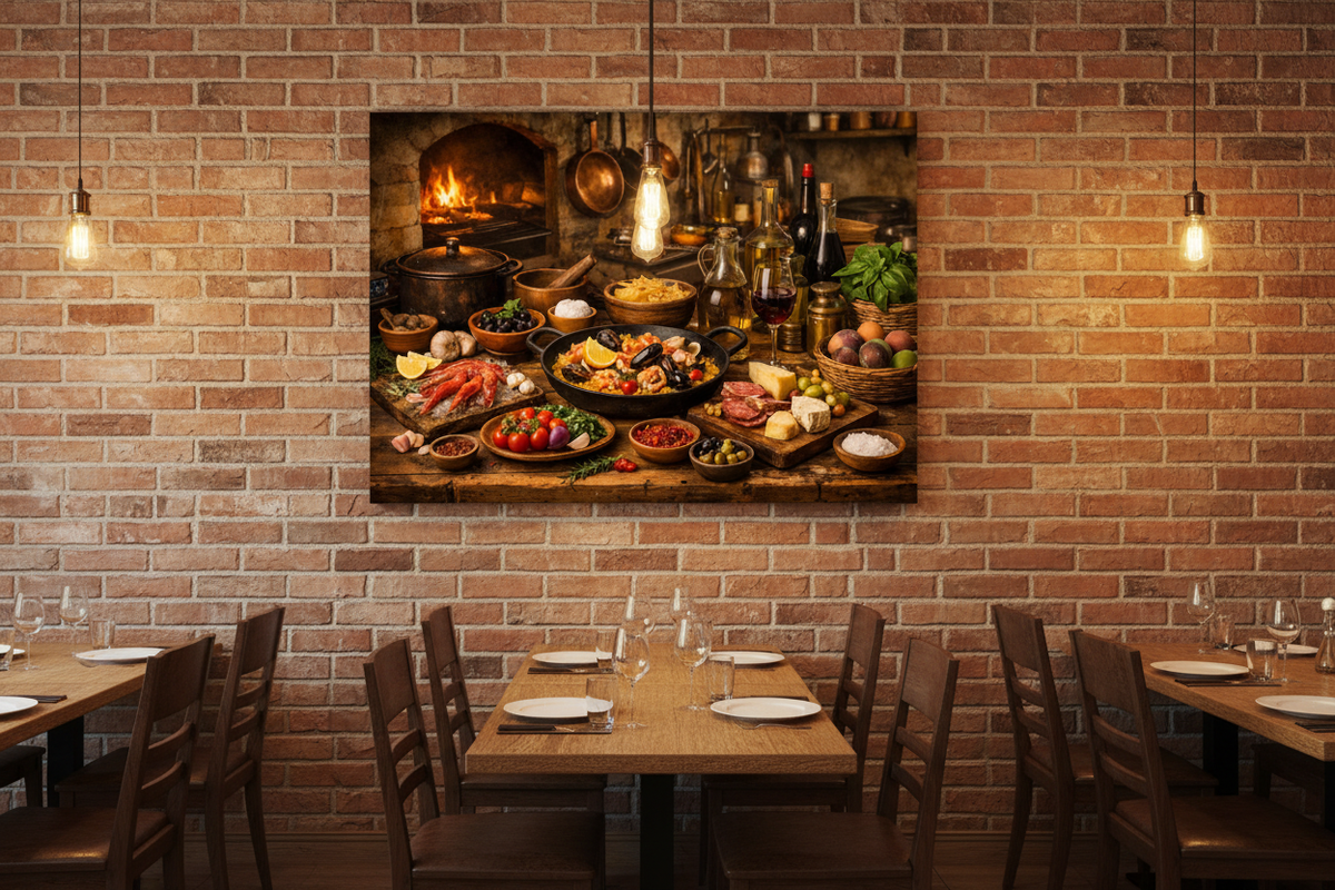Mediterranean still life kitchen canvas wall art on exposed brick wall in cosy restaurant dining room with wine glasses - Portugal Canvas Co
