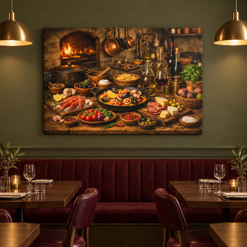 Mediterranean rustic feast canvas in an olive green restaurant dining room with burgundy seating - Portugal Canvas Co