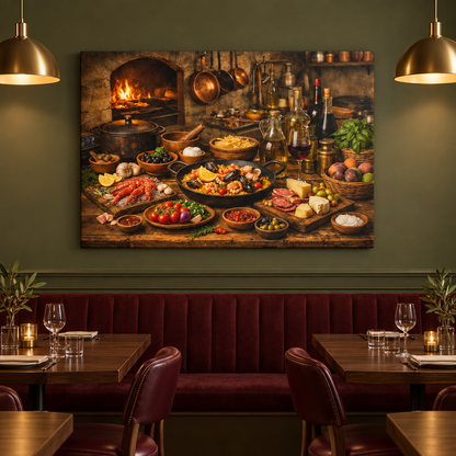 Mediterranean rustic feast canvas in an olive green restaurant dining room with burgundy seating - Portugal Canvas Co