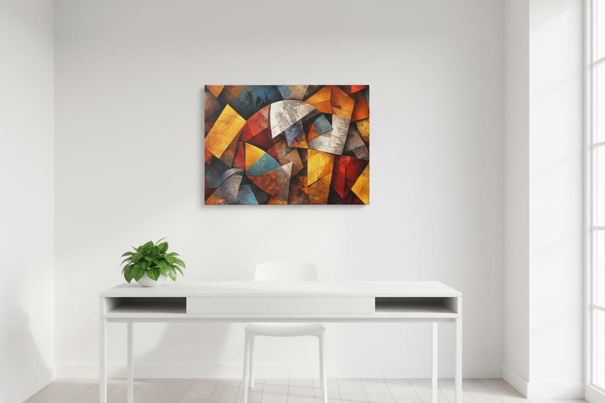 Modern abstract geometric canvas wall art with bold colourful shapes displayed above a white desk in a minimalist home office - Portugal Canvas Co
