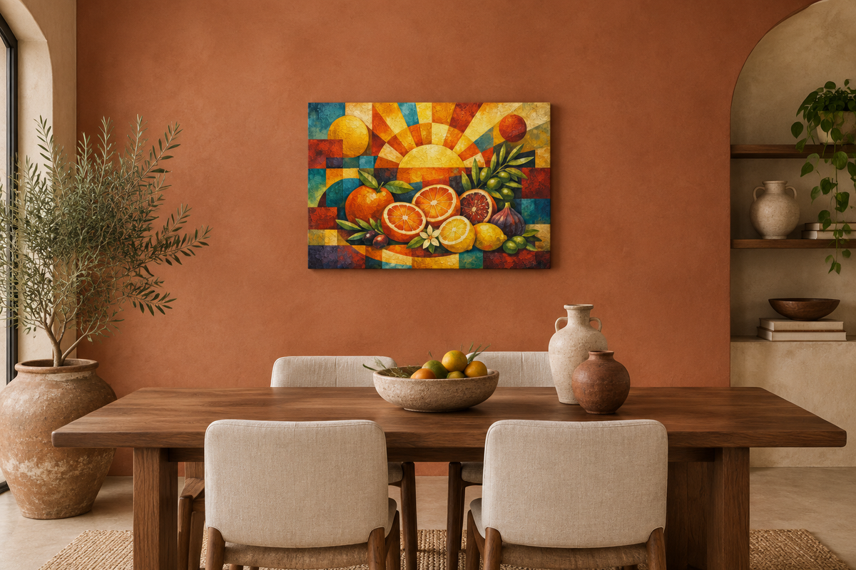 Citrus Sunrise geometric fruit gallery-wrapped canvas above a walnut table in a terracotta dining room - Portugal Canvas Co