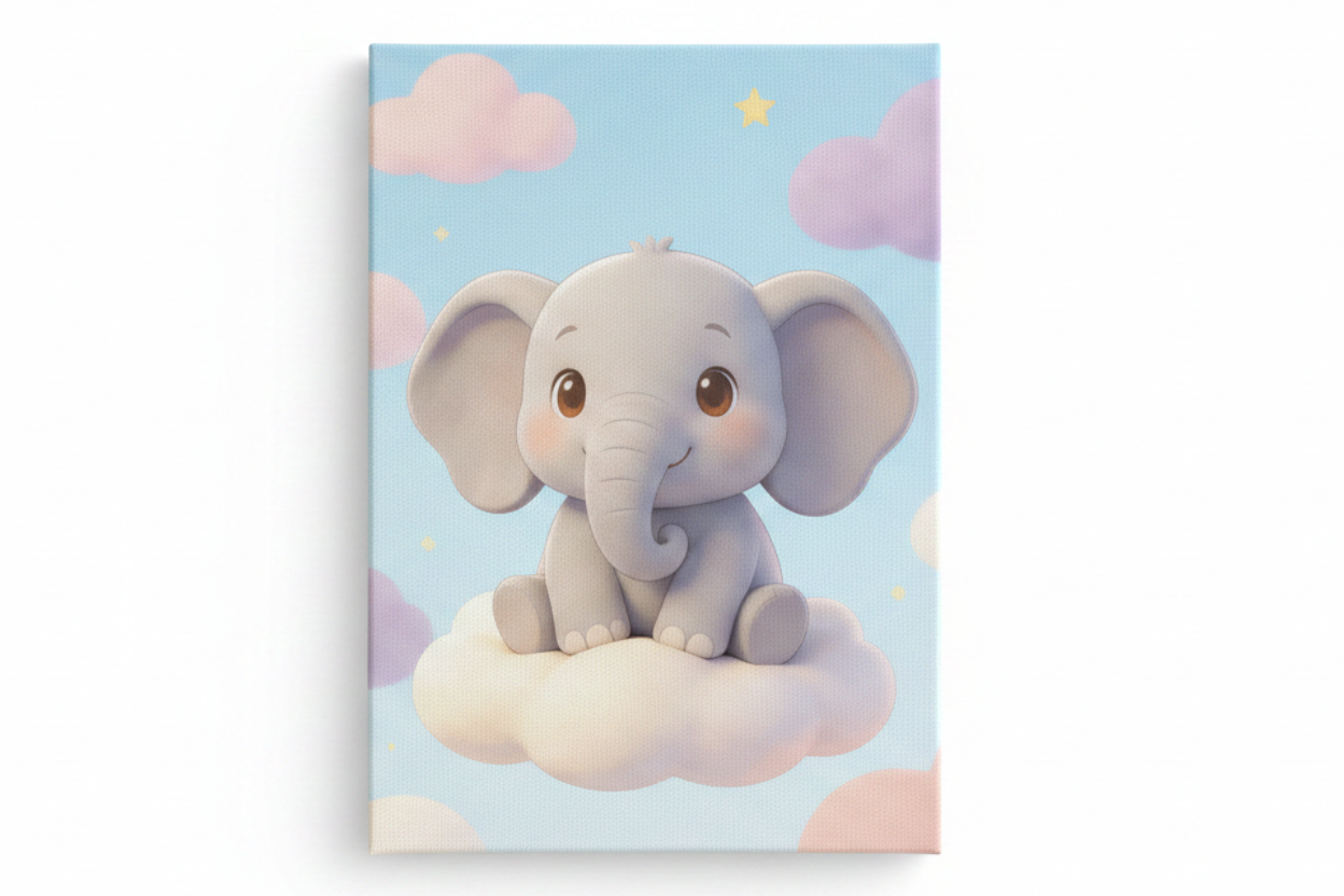 Cute elephant canvas print flat lay on white background, top-down overhead view, no frame - Portugal Canvas Co