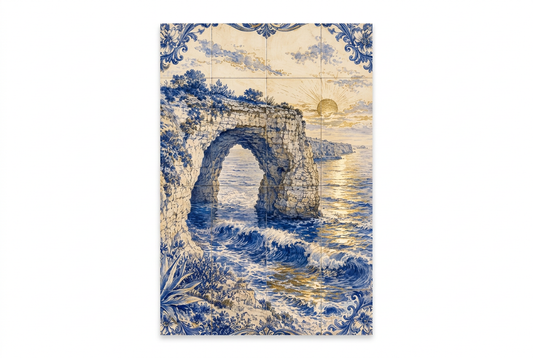 Portrait blue and cream azulejo-style coastal rock arch sunset artwork centred on a landscape white background - Portugal Canvas Co