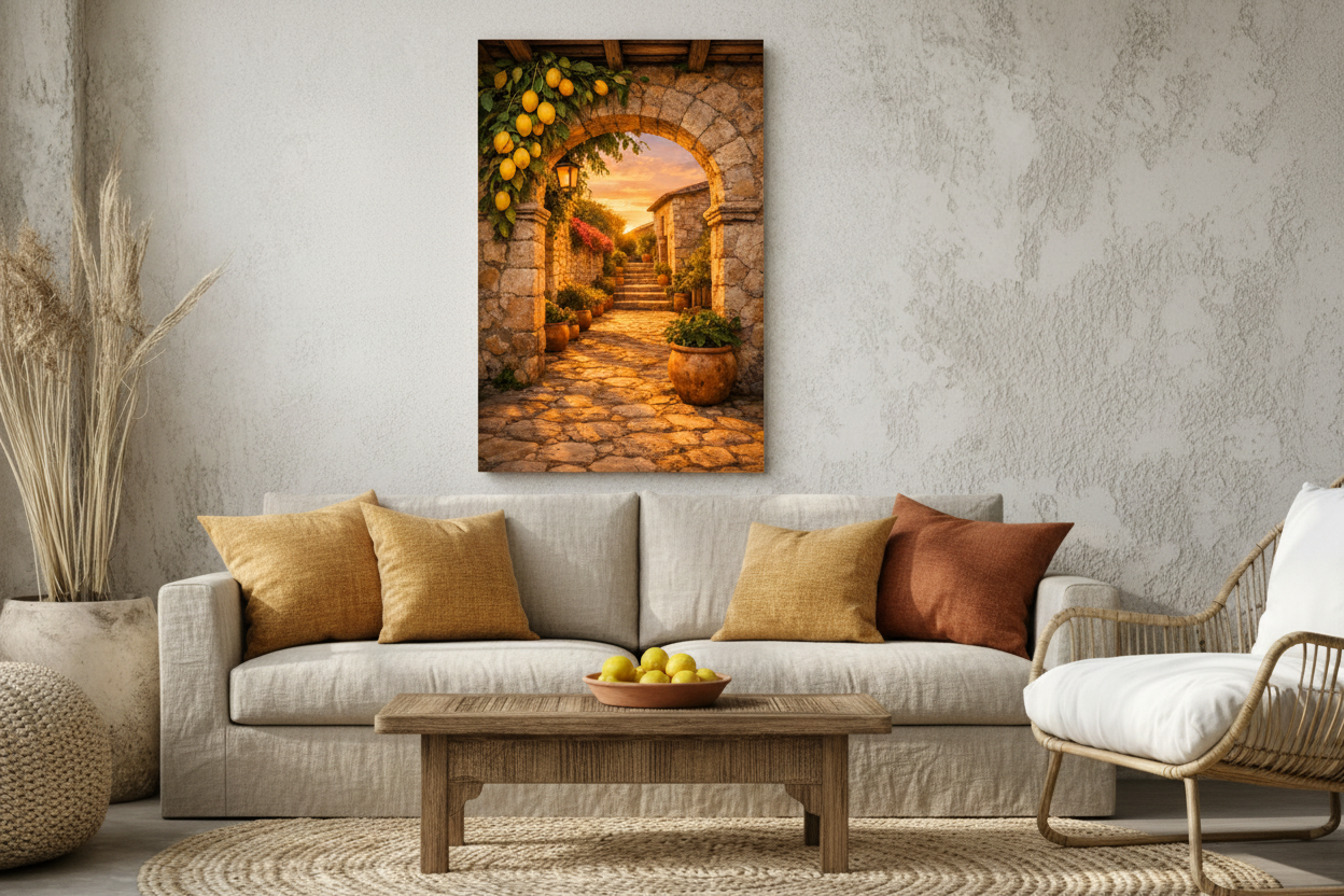 Lemon archway at golden sunset canvas wall art above natural linen sofa with ochre and amber cushions and bowl of lemons - Portugal Canvas Co