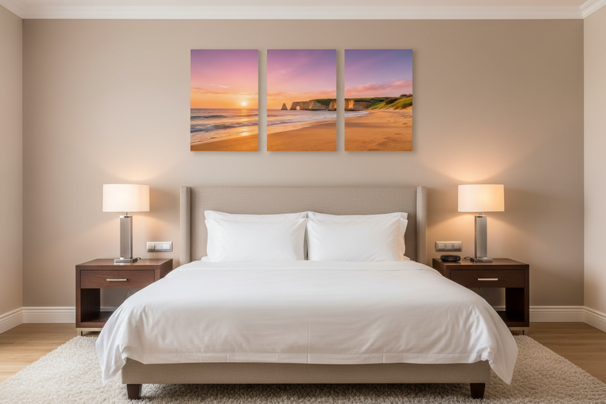 Algarve beach sunset triptych canvas wall art displayed above a luxury hotel bed with white linen - Portugal Canvas Co