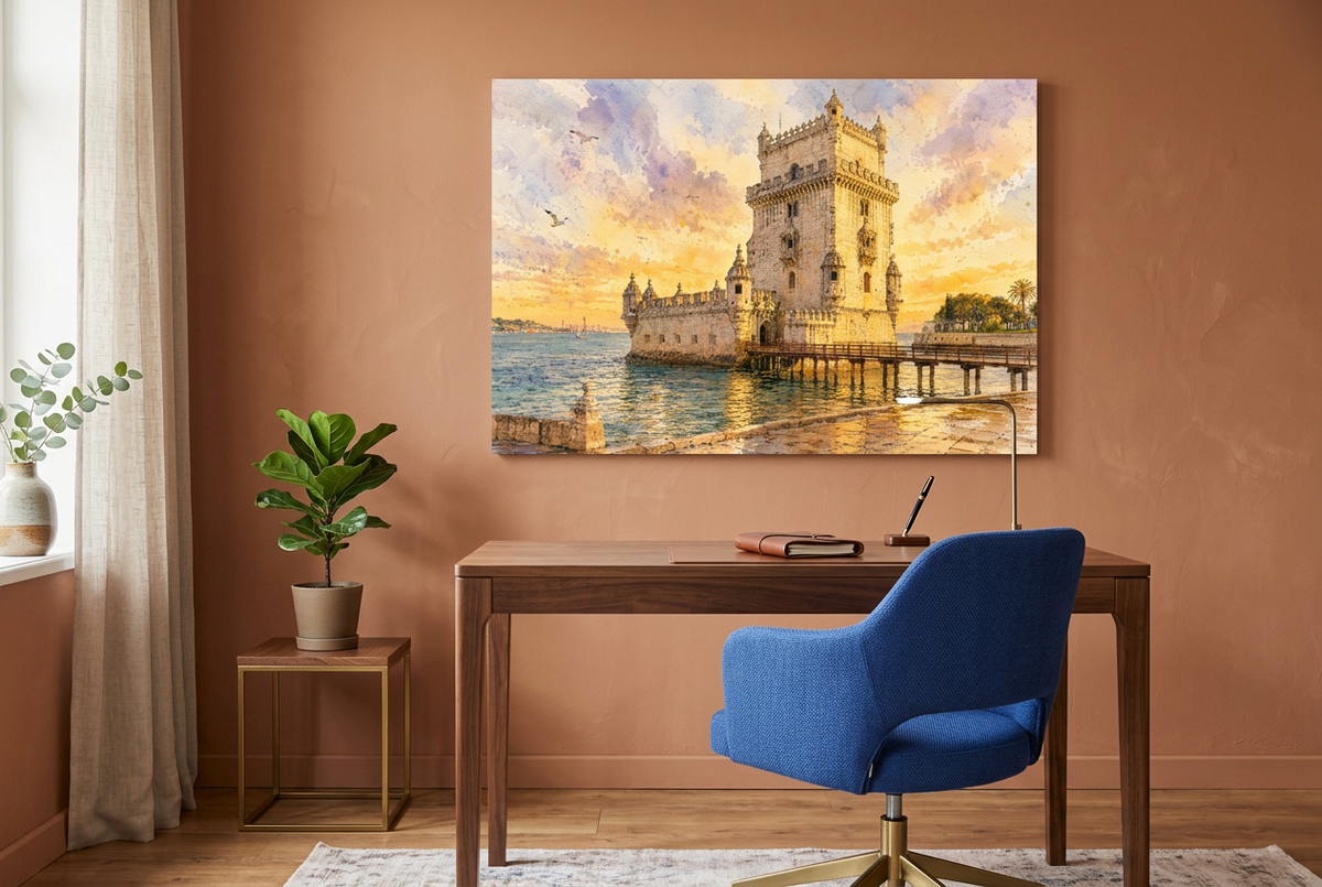 Belém Tower sunset canvas print above a walnut desk in a terracotta home office with a cobalt-blue chair - Portugal Canvas Co