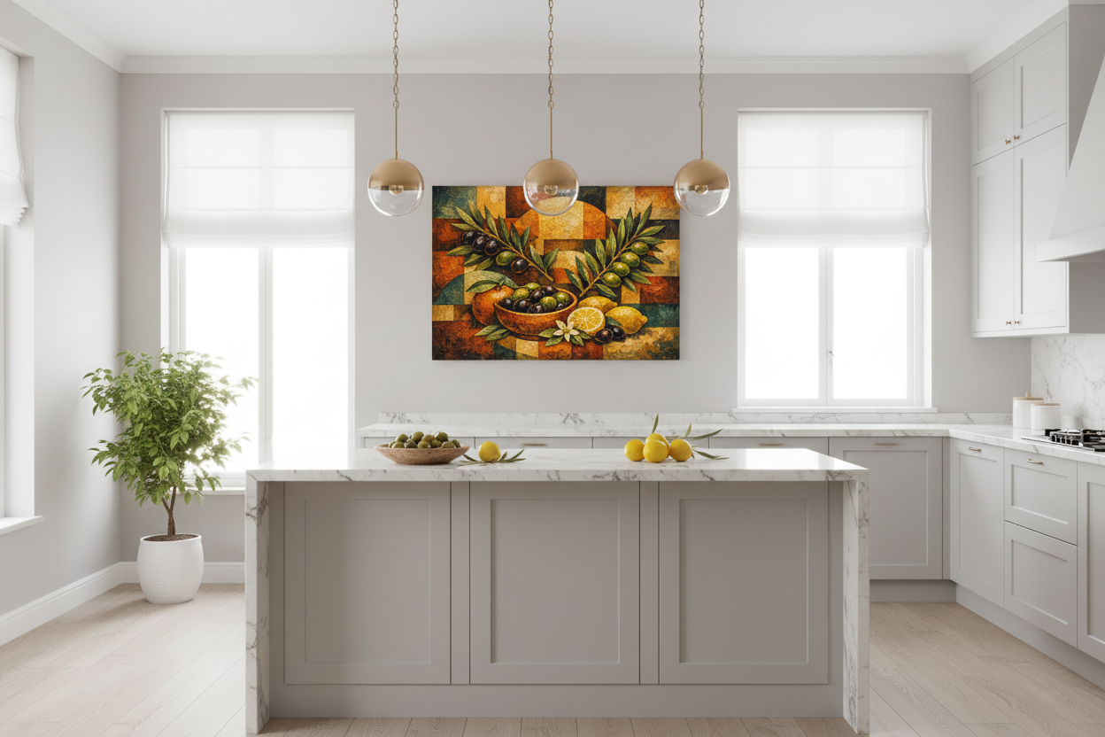 Mediterranean harvest olives and citrus cubist still life canvas wall art displayed in a bright modern kitchen interior - Portugal Canvas Co