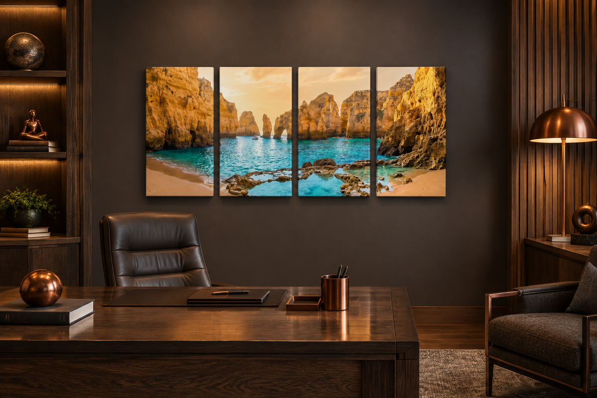 Four-panel Ponta da Piedade cliff canvas above a desk in a charcoal and copper executive study - Portugal Canvas Co